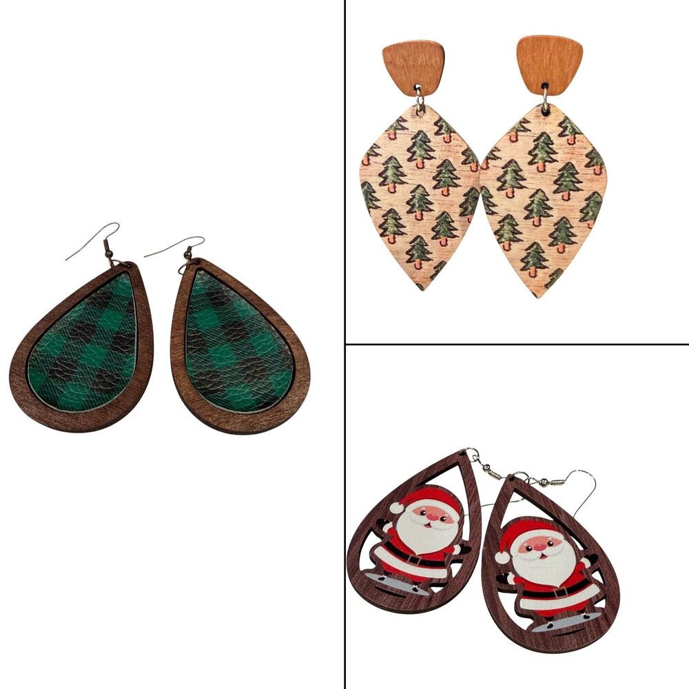 Christmas Wooden‎ Teardrop Earring Bundle Santa Tree Plaid Set Boho Teacher Gift